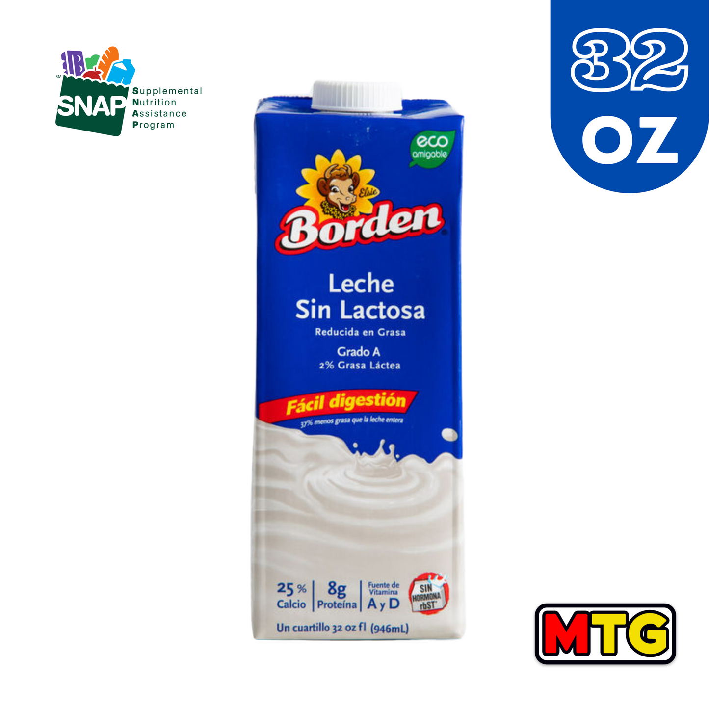 Leche UHT Grado A - Borden 2% Sin Lactosa 32oz