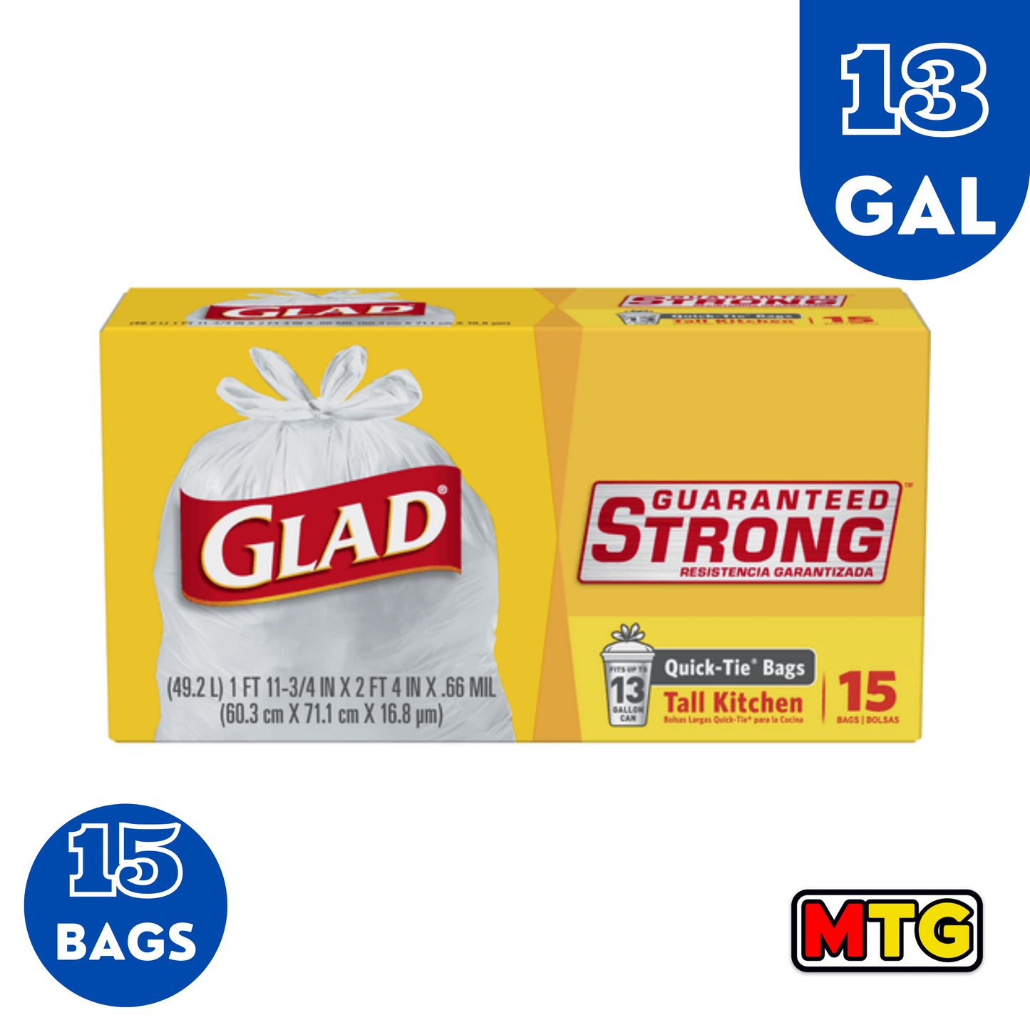 Glad Quik Tie Bags - Bolsas de Basura 13Gal (15 Bolsas)